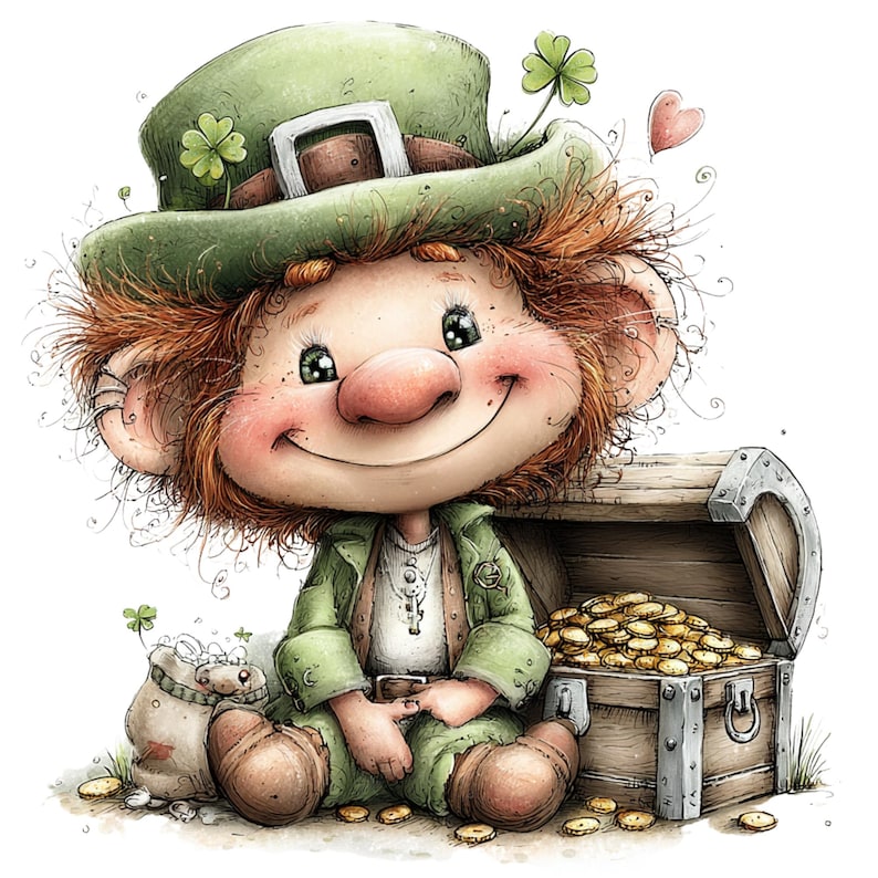 May include: A whimsical illustration of a leprechaun wearing a green hat adorned with shamrocks and a green jacket. He sits beside a treasure chest overflowing with gold coins and a small bag of coins. A charming St. Patrick's Day themed image.