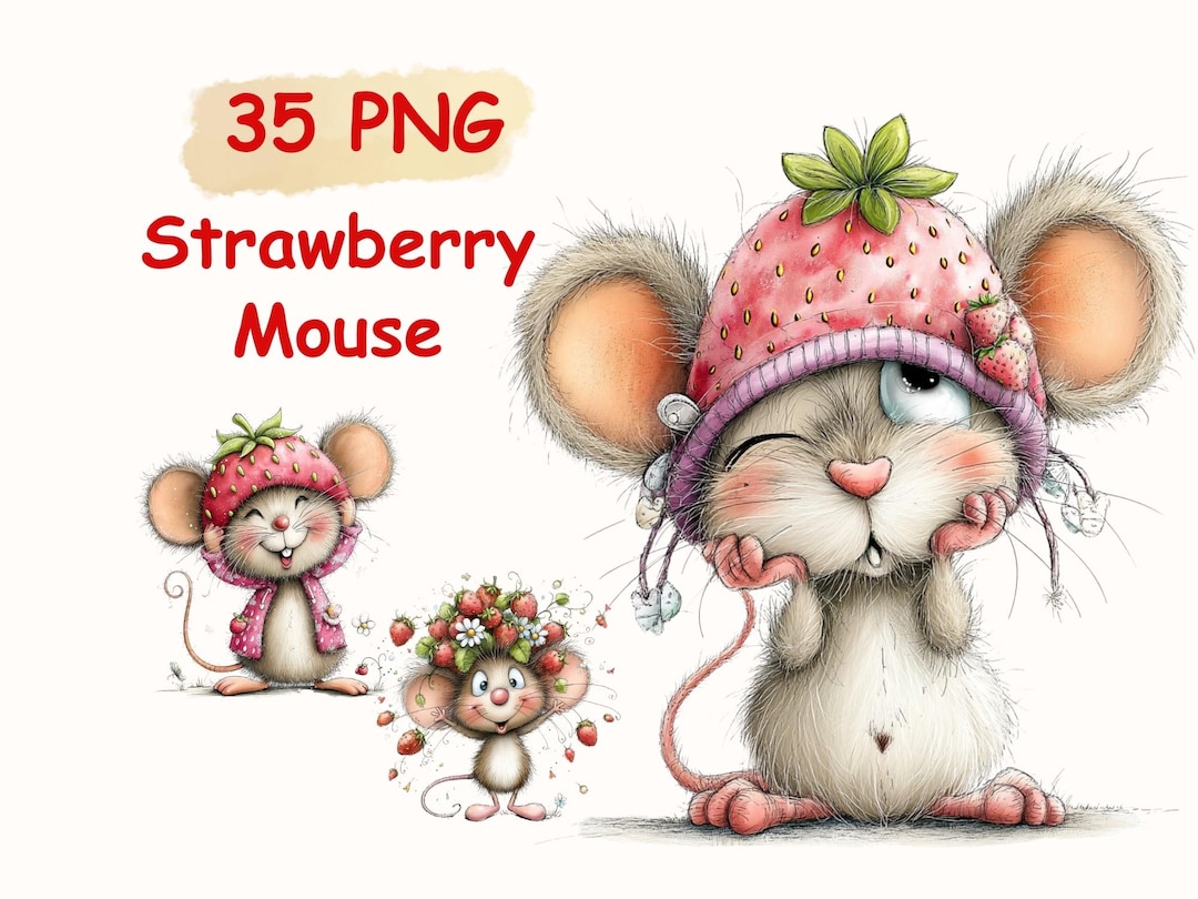 Funny Strawberry Mouse Clipart Bundle, 35 PNG Whimsical Graphics ...