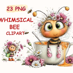 Puede incluir: Ilustración de abeja caprichosa con una abeja de dibujos animados con una corona de flores, sentada en una taza de té con miel. La imagen incluye el texto "23 PNG" y "WHIMSICAL BEE CLIPART". También hay otras abejas y flores.