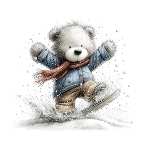 May include: A watercolour illustration of a teddy bear snowboarding in the snow. The bear wears a blue jacket, brown trousers, a red scarf, and snow boots. Snowflakes surround the bear as it glides down the snowy slope.