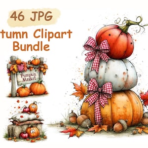 May include: Watercolor illustration of an autumn clipart bundle. The image features a stack of pumpkins with red and white gingham bows, fall leaves, and acorns. A sign that says "Pumpkin Market" is also included.