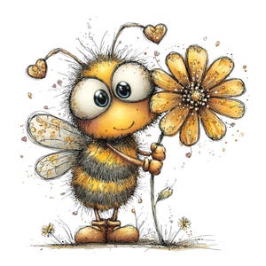 May include: A whimsical illustration of a cartoon bee holding a large yellow flower. The bee has large, expressive eyes, heart-shaped antennae, and a fuzzy body with black and yellow stripes. The flower is detailed with brown and yellow petals.