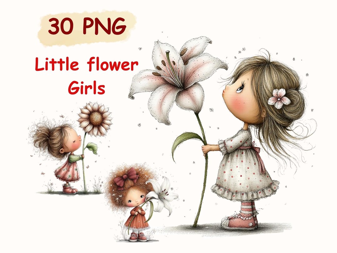 Little Flower Girls Clipart Bundle, 30 PNG, Giant Flower Girl ...