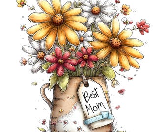 Puede incluir: Ilustración en acuarela de un ramo de flores en una jarra rústica. El ramo presenta margaritas amarillas, blancas y rojas. Una etiqueta con las palabras "Best Mom" cuelga de la jarra, atada con una cinta azul.