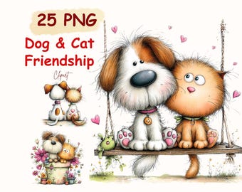 May include: A digital illustration featuring a dog and a cat, with the text "25 PNG Dog & Cat Friendship Clipart." The dog and cat are sitting on a swing, surrounded by pink hearts. Additional images show the dog and cat together.