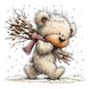 以下が含まれることがあります： 雪景色の中のテディベアの気まぐれなイラスト。クリーム色の毛皮と茶色の鼻を持つクマは、雪に覆われた枝の束を持ち、ピンク色のスカーフを着用しています。雪片がクマの周りに降り、居心地の良い冬の雰囲気を作り出しています。