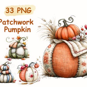 May include: A watercolour illustration featuring several patchwork pumpkins in different sizes and colours. The pumpkins are decorated with floral patterns, stitched details, and topped with greenery and flowers. The text "33 PNG Patchwork Pumpkin" is at the top.