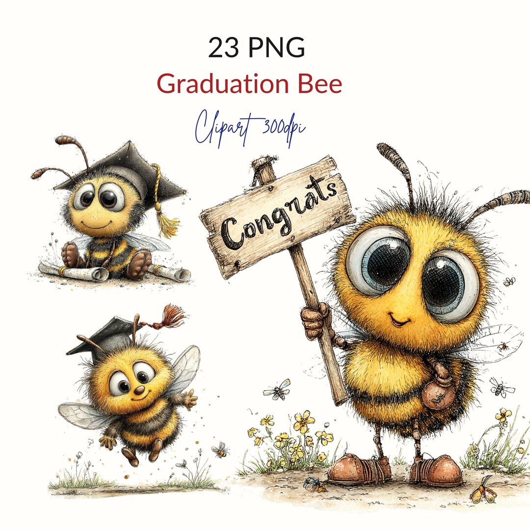 Graduation Bee Clipart Bundle - 23 PNG, Cute Bumblebee Illustration for ...