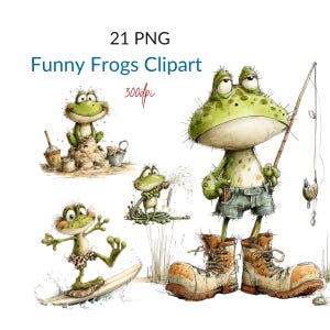 May include: A collection of whimsical frog illustrations. One frog is fishing, another is surfing, and a third is building a sandcastle. The image includes the text "Funny Frogs Clipart" and "21 PNG". The illustrations are in a watercolor style.