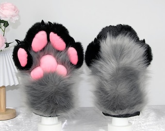 灰色オオカミの足：灰色の毛皮の手足、コスプレ用オオカミの足の手袋、ファースーツの手足、猫の足、子犬の足