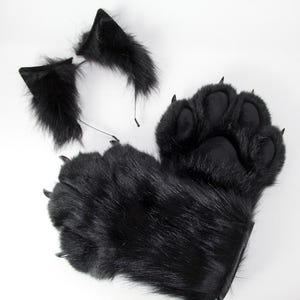 Upgrade Black Cat Set: Faux Fur Handpaws and ears headband