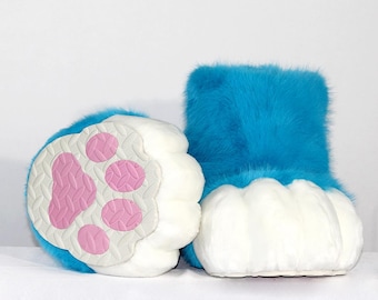 Blaue pelzige Fußpfoten, Outdoor Fursuit Katzenpfoten, Plüsch Pfotenschuhe, Cosplay Wolf Pfoten, Welpen Fußpfoten