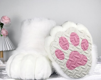 Weisse Katzenpfoten: Pelzige Katzenpfoten, Fursuit Katzenpfoten, Cosplay Plüsch Katzenpfoten, weisse Füße Paws Outdoor Schuhe