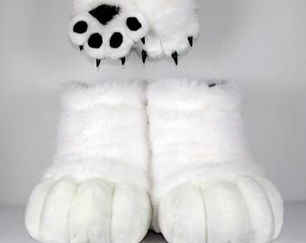 Zampe e zampe pelose bianche: zampe di gatto Fursuit, scarpe e guanti Cosplay