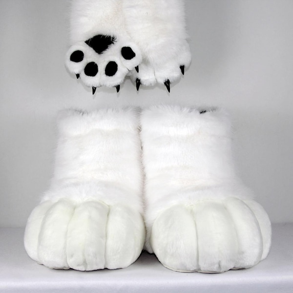 White furry feetpaws and hanpaws: Fursuit cat Paws, Cosplay shoes and gloves