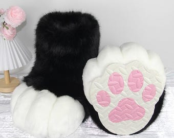 Black and White Furry Feetpaws, Fursuit footpaws, Plush cat shoes paws, Cosplay Cat Paws, Feet Paws outdoor Shoes