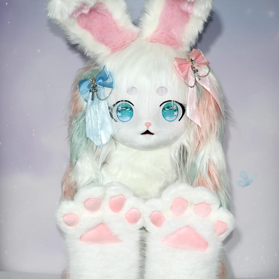 Fluffy Rabbit Fursuit Kit - Movable Ears Bunny Mask & Gloves, Cute Girl ...