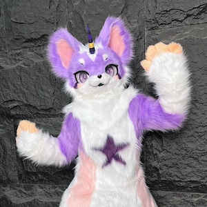 Op de afbeelding: Een harig kostuum van een paars en wit wezen met een ster op de borst. Het kostuum heeft grote oren, een eenhoornhoorn en grote ogen. De poten zijn perzikkleurig.