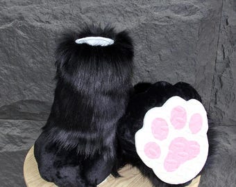 Black Furry Feet Paws: Personalisierbare Tierschuhe, Fursuit Cat Feet Paws, Cosplay Cat Feet Paws, Black Feet Paws Outdoor Schuhe, Plüsch Pfoten