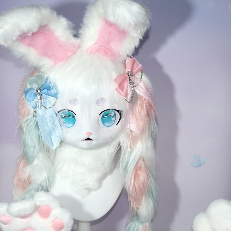 Fluffy Rabbit Fursuit Kit - Movable Ears Bunny Mask & Gloves, Cute Girl ...