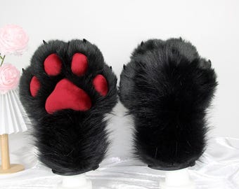 Cat paw plush gloves: Black Furry handpaws, costume cosplay paw gloves, Fursuit paws, cat paws, puppy paws