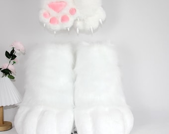 Set di zampe pelose bianche / Scarpe e guanti con cuscinetti rosa / Zampe da fursuit / Zampe per piedi da fursona