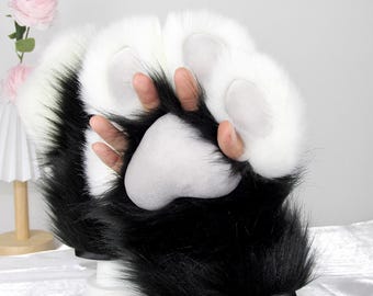 Black and white furry handpaws: Customization supported Furry cat handpaws, cosplay cat paws, Fursuit puppy paws
