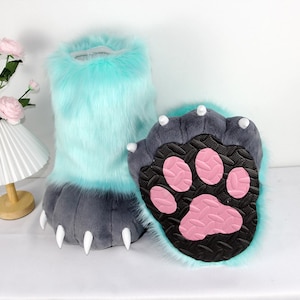 Custom Mint Green & Gray Fursuit Shoes: Indoor Outdoor Footwear, Fully Customizable Fursuit Paws