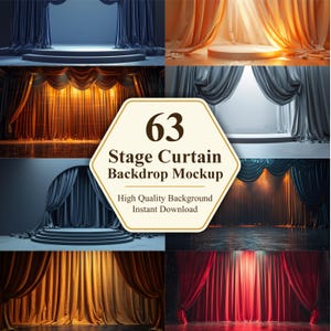 May include: A collage of stage curtain backdrops in various colors, including blue, gold, and red. The image features a central graphic with the number "63" and the text "Stage Curtain Backdrop Mockup". The graphic also includes the text "High Quality Background Instant Download".