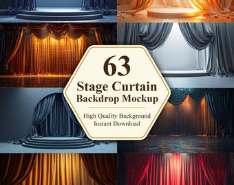 May include: A collage of stage curtain backdrops in various colors, including blue, gold, and red. The image features a central graphic with the number "63" and the text "Stage Curtain Backdrop Mockup". The graphic also includes the text "High Quality Background Instant Download".