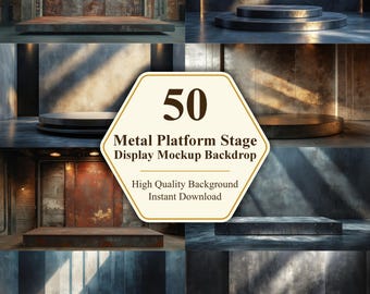 50 Metal Platform Stage Backgrounds for Industrial Product Display Mockups Minimal Podium Backdrops Modern Graphic Design & Empty Room Scene
