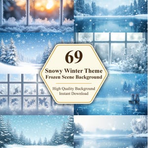 Può includere: Un collage di sfondi a tema invernale con scene innevate, tra cui finestre ghiacciate, alberi coperti di neve e un lago ghiacciato. L'immagine presenta una grafica centrale con il numero 69 e il testo "Snowy Winter Theme Frozen Scene Background".