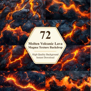 Könnte beinhalten: Eine digitale Kunstkomposition mit einer Textur aus geschmolzener Lava. Das Bild zeigt eine Mischung aus dunklen, kohleartigen Felsformationen mit leuchtend orangefarbenen und gelben Lavaströmen. Der Text auf dem Bild lautet "72 Molten Volcanic Lava Magma Texture Backdrop".