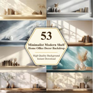 Puede incluir: Un collage de 53 fondos de decoración de oficina en casa con estanterías modernas y minimalistas. La imagen presenta fondos de alta calidad disponibles para descarga instantánea. Cada fondo muestra estanterías con libros, jarrones y plantas decorativas.