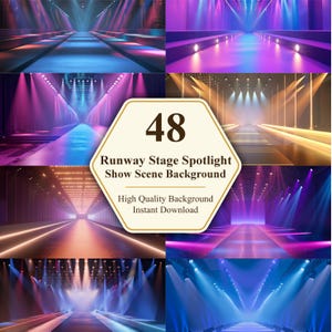 May include: A collection of 48 runway stage spotlight show scene backgrounds. The images showcase various stage designs with vibrant lighting effects in shades of blue, purple, and orange. Text on the image reads "Runway Stage Spotlight Show Scene Background" and "High Quality Background Instant Download."