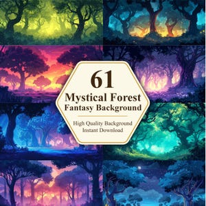 May include: A collection of six digital art images showcasing mystical forest fantasy backgrounds. Each image features a unique color palette, including vibrant greens, blues, purples, and oranges, with stylized trees and atmospheric lighting. The central image displays the text "61 Mystical Forest Fantasy Background".