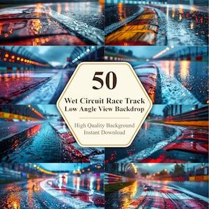 Puede incluir: Un collage de imágenes que muestra una pista de carreras mojada con bordillos a rayas rojas y blancas y líneas de seguridad amarillas. Las imágenes están tomadas desde un ángulo bajo, con reflejos de luces en el asfalto mojado. El texto en la imagen dice "50 Wet Circuit Race Track Low Angle View Backdrop".