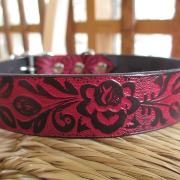 Black and Red  Leather Dog Collar.  1" Width. Embossed Red Gothic Floral Collar. Made to Order.