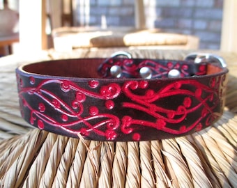 Embossed Black and Scarlet  Leather Dog Collar.  1" Width. Black and Red Western Dog Collar.