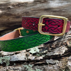 Deep Red Celtic Collar Embossed Leather Dog Collar. Celtic Pattern with Brass Buckle. Made to Order. image 6