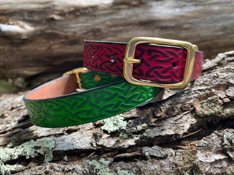 Deep Red Celtic Collar Embossed Leather Dog Collar. Celtic Pattern with Brass Buckle. Made to Order. image 6