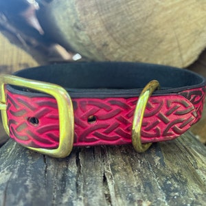 Deep Red Celtic Collar Embossed Leather Dog Collar. Celtic Pattern with Brass Buckle. Made to Order. image 4