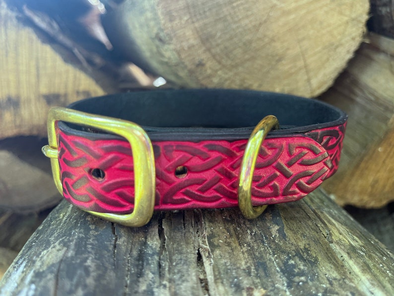 Deep Red Celtic Collar Embossed Leather Dog Collar. Celtic Pattern with Brass Buckle. Made to Order. image 4