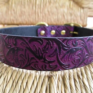 Black Violet Leather Dog Collar. 1 1/4"  Purple and Black  Embossed Western Vine Collar. Silver Buckle,
