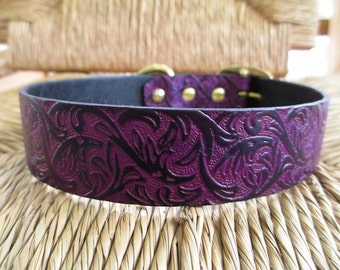 Black Violet Leather Dog Collar. 1 1/4"  Purple and Black  Embossed Western Vine Collar.