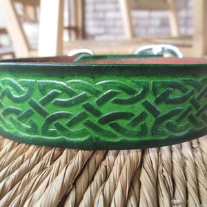 Celtic Leather Dog Collar. 1 1/4&quot; Deep Forest Green Embossed Leather Collar. Silver Buckle.