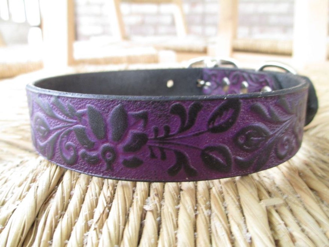 Black Violet Leather Dog Collar. 1 Width. Embossed Etsy