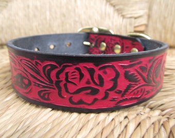 Red and Black Leather Dog Collar. Hand Embossed 1 1/4" Western Rose Leather Collar. Silver Buckle.