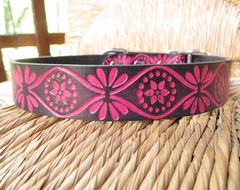 Pink and Black Leather Dog Collar.  Embossed Retro Design. 1" Leather Collar.