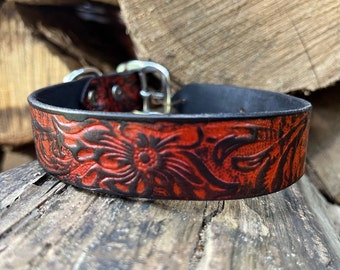 Flame Hibiscus Leather Dog Collar.  1" Wide Leather Dog Collar with Orange and Black Embossed Floral Design.